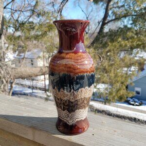 Royal Haeger Vintage Vase 10" Brown Navy Blue Cream White Drip Glaze